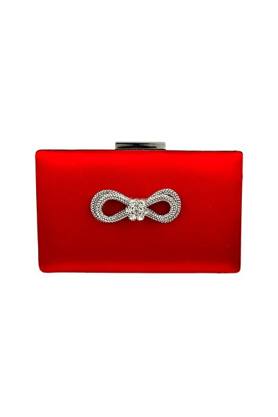 Biçanta Red Color Satin Silver Case Silver Stone Evening Bag Evening Bag Wedding Engagement Portfolio