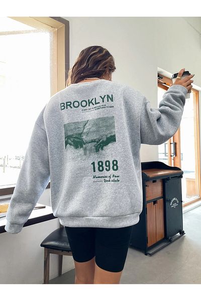 Mythologie Brooklyn 1898 Sweatshirt - Gray Printed Oversize Sweatshirt Crew Neck