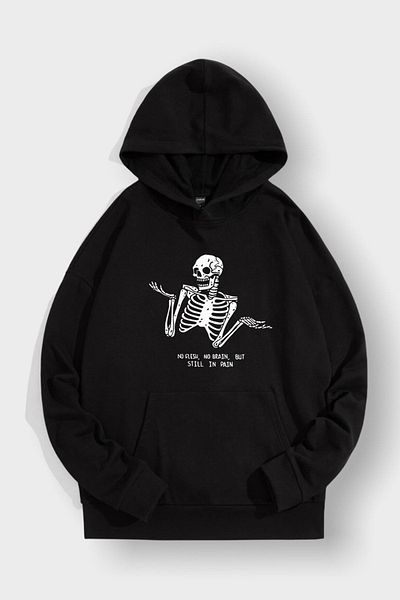 Mythologie Hanorac Skeleton Scris - Hanorac oversize imprimat negru cu glugă