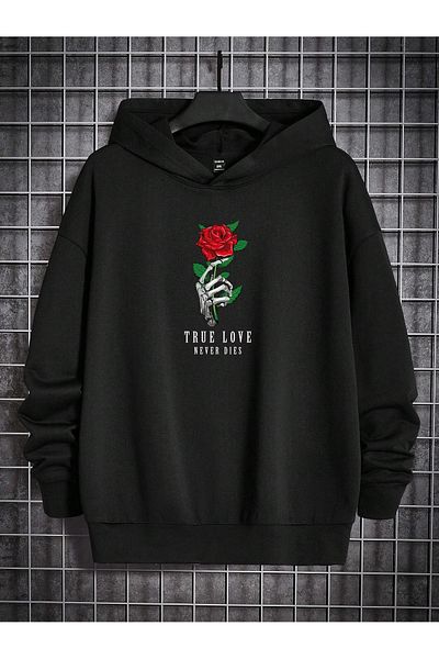 Mythologie Hanorac True Love Gül - Hanorac oversize cu imprimeu negru cu glugă