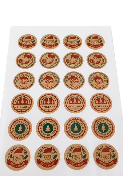 reprodesign Christmas Themed Kraft Gift Package Label 4 cm Happy New Year Mixed Printed Label 24 Pieces