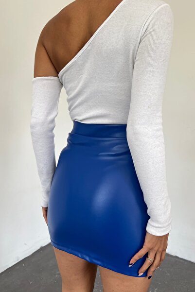 bayansepeti Women's Flexible Faux Leather Fabric 41 cm Faux Leather Blue Mini Skirt with Elastic Waist Slit 7500
