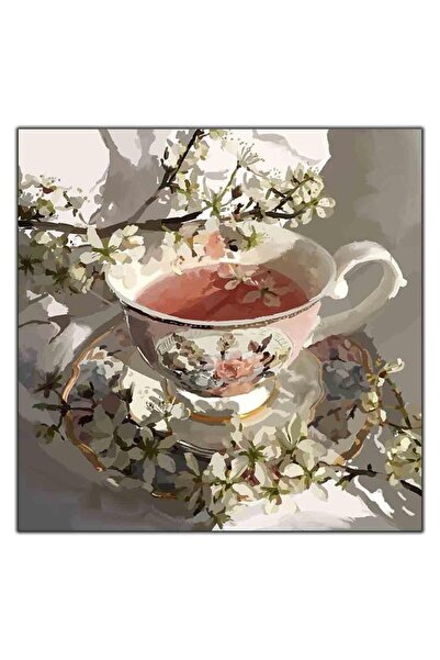 tablodekor BEYAZ ÇİÇEKLER VE PEMBE FİNCANDA ÇAY KANVAS TABLO