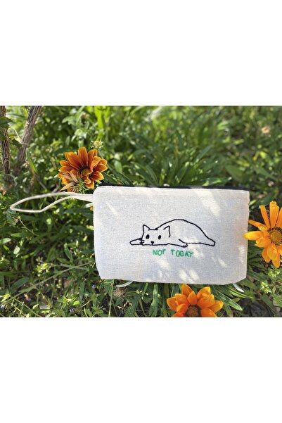 Handream Tembel Kedi (NOT TO DAY) El Yapımı Nakışlı Makyaj/el Çantası