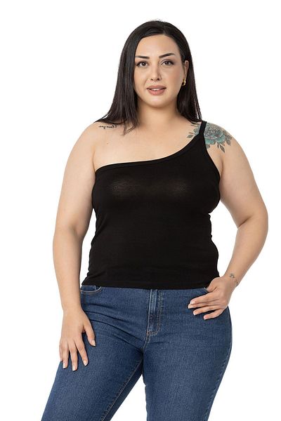 DISENTIS MODEST Large Size Single Shoulder Low-cut Viscose Black Body