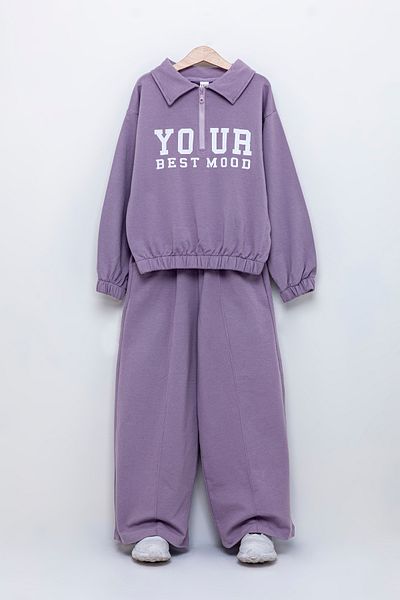 Tuffy Kids Girl's Text Printed Collared Zippered Oversize Seasonal Long Sleeve Double Suit 10-13 Years