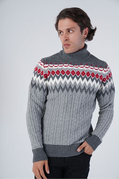 Trist Star Dark Grey-Grey Men's Hair Braided Jacquard Patterned Turtleneck Knitwear Wool Sweater