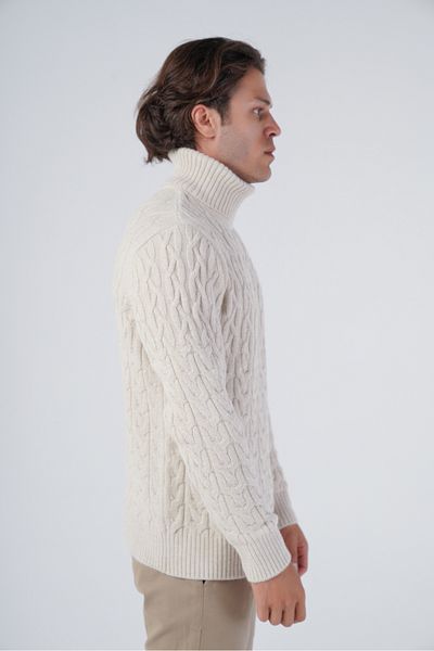 Trist Star Beige Men's Running Hair Turtleneck Knitwear Wool Sweater