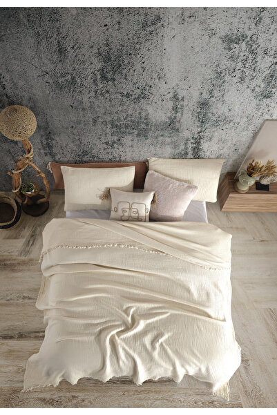 destinyhometex Ivory Color Double 200x240cm Bedspread/2 Pieces 50x70cm Pillow 4 Layers Multi Muslin 100% Cotton