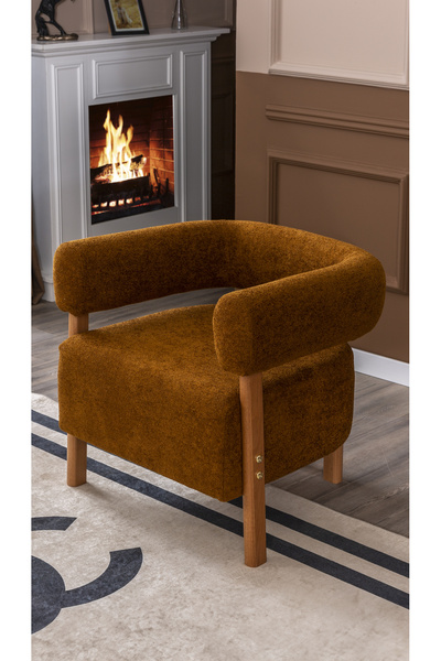 MELLMOD Sweet mod Ahşap Ayaklı Bukle Berjer Tütün