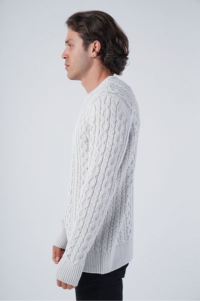 Trist Star Light Gray Men's Braided Cotton Crew Neck 100% Cotton Sweater