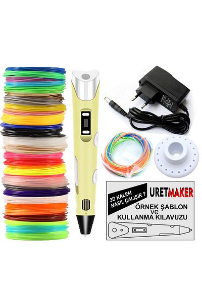 URETMAKER Yellow Color 3D Pen Pen Printer and 100Meter Pla Filament (25 Colors X 4 Meter)