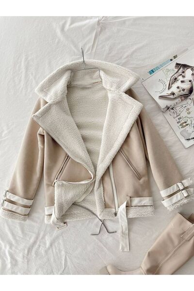 DLRboutique Teddy astarlı marka kemer dahil ceket