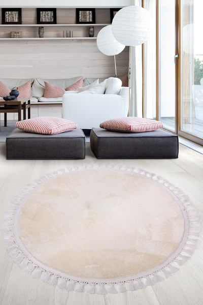 AVANTAJ Relax Krem Yuvarlak Saçaklı 150x150 Cm Peluş Kaymaz Tabanlı Makinede ...