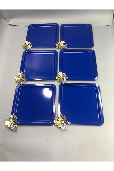 NEWTREND Züccaciye Stainless Steel Square 6-Piece Blue Coffee, Tea, Decorative Presentation Serving Tray with Luxury Butterfly Accessories