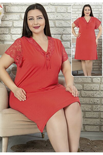 JENİKA Women's Plus Size Short Sleeve Lace Detailed V-Neck Combed Cotton Nightgown