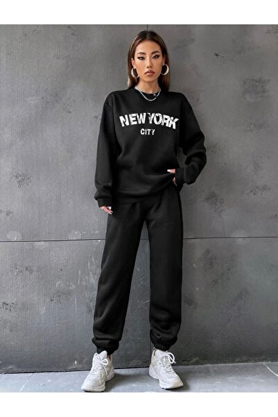 caxis طقم بدلة رياضية نسائية سوداء كبيرة الحجم مطبوع عليها مدينة نيويورك