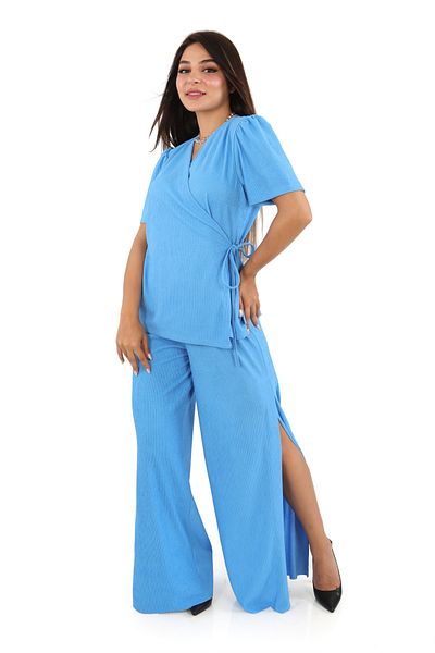 DİVİSTA Set de pantaloni bluză cu piept dublu de culoare albastră pentru femei