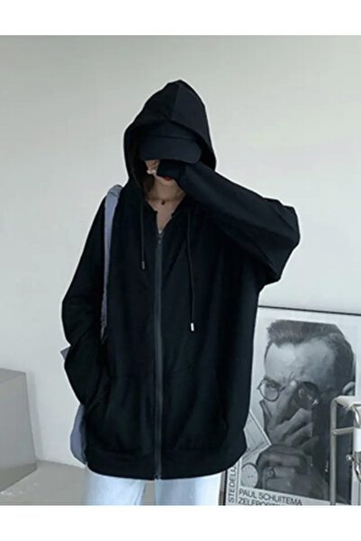 DENİKK Вуличний стиль однотонний великий чорний унісекс кардиган з капюшоном
