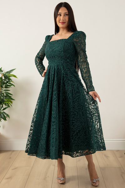 PULLIMM Kare Yaka Uzun Kol Simli Tül Abiye Elbise 1299