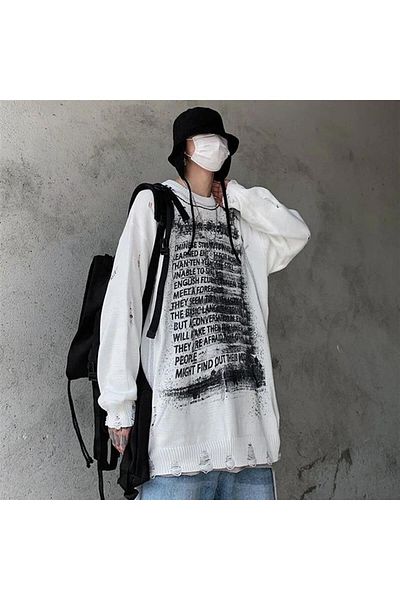 Touz Moda Φούτερ εκρού με μοτίβο γκράφιτι Harajuku Unisex Oversize