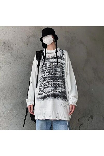Touz Moda Harajuku Graffiti Patterned Unisex Oversize Ecru Sweater