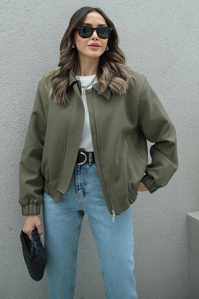 lovebox Dámská dvojitá látková vycpaná ramena a zip 52 cm Khaki Bomber Jacket 54321