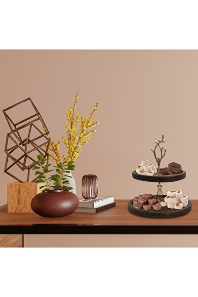 Rabo Craft 2 Katlı Yaprak Desenli Kulp Ahşap Kek Pasta Sunumluk Standı, Servis Sunum Tabağı,