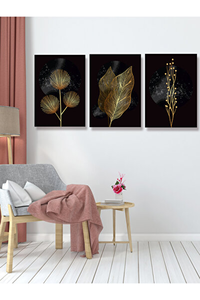 YALOVA SHOP Karanlığı Aydınlatan Minimalist Gold Botanik Tablo Seti
