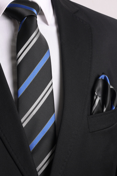 Esgue Hand Made 7.5 cm Black Blue Striped Pattern Tie Handkerchief