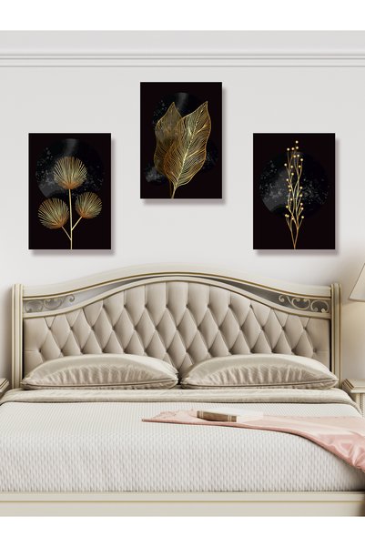 YALOVA SHOP Karanlığı Aydınlatan Minimalist Gold Botanik Tablo Seti