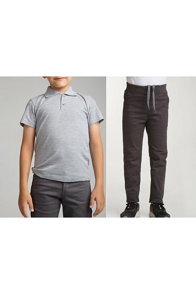 FATELLA Unisex children's school ribbed waist trousers - gray short sleeve Polo collar t-shirt set of 2