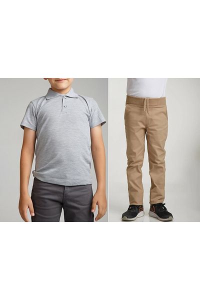 FATELLA Unisex children's school ribbed waist trousers - gray short sleeve Polo collar t-shirt set of 2