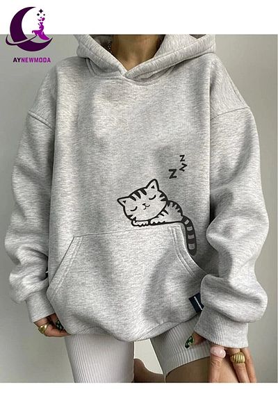 NEW MODA Φούτερ με στάμπα Cat με κουκούλα στην τσέπη