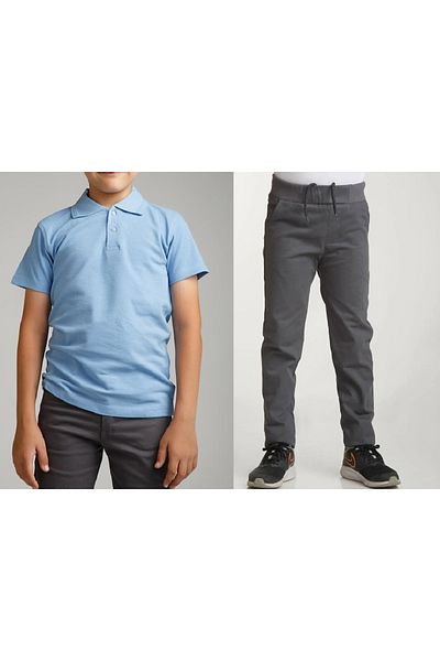 FATELLA Unisex children's school light gray ribbed waist pants - short sleeve Polo collar T-shirt 2-piece set