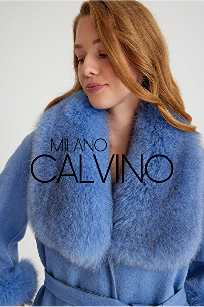 Milano Calvino Alpaka Yün Kumaş Kürklü Kadın Palto (BEBE MAVİ)