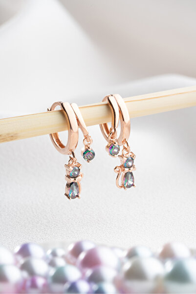 Nereze 925 Ayar Gümüş Rose Mistik Topaz Taşlı 12 Mm Kedi Küpe