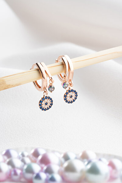 Nereze 925 Ayar Gümüş Rose Mistik Topaz Taşlı 12 Mm Nazar Küpe