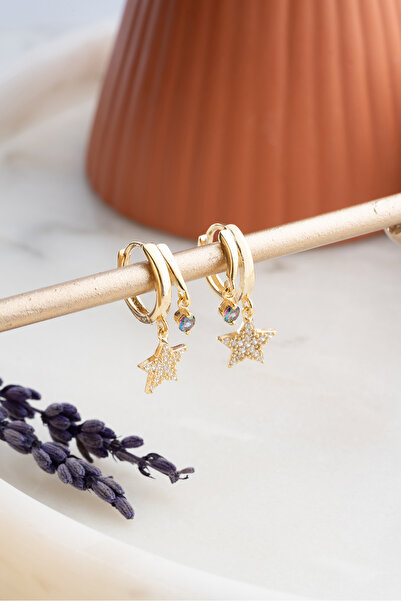 Nereze 925 Ayar Gümüş ; Gold Mistik Topaz Taşlı 12 Mm Yıldız Küpe