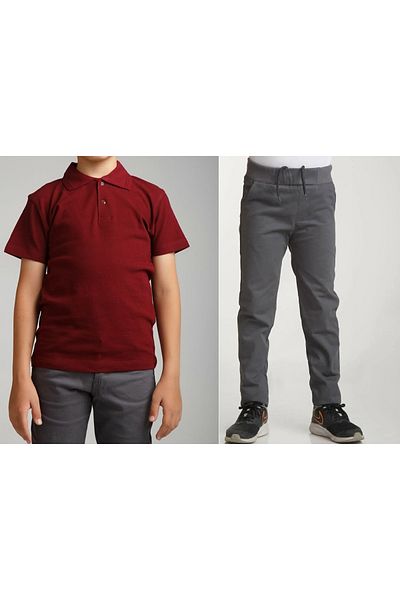 FATELLA Unisex children's school light gray ribbed waist pants - short sleeve Polo collar T-shirt 2-piece set