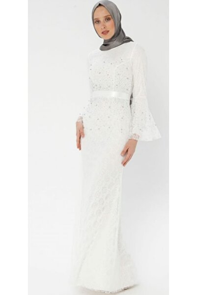Hepsibitarz Kadın Beyaz Taş Detaylı Dantel Balık Model Tasarım Abiye Elbise