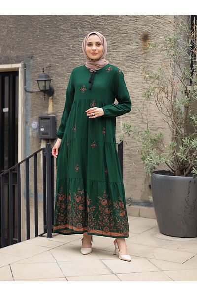 ZENANE Patterned Hijab Dress - Emerald Green - ZENANE