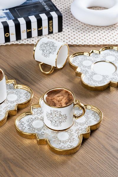 ACAR Amara Ethnic Daisy Pattern Gold Gilt 6 Person 90ml Porcelain Coffee Cup Set 0151
