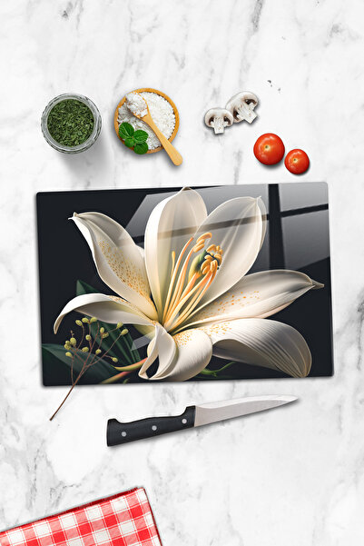 ALİN DİZAYN Cam Kesme Tahtası - Kesim Tablası | Beyaz Zambak | Siyah Fon | 30cm X 40cm