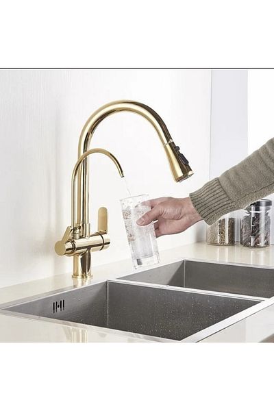 İSAOĞLU YAPI Purified Kitchen Faucet Gold Sink Faucet Spiral Purified Extending System Purified Gold Color