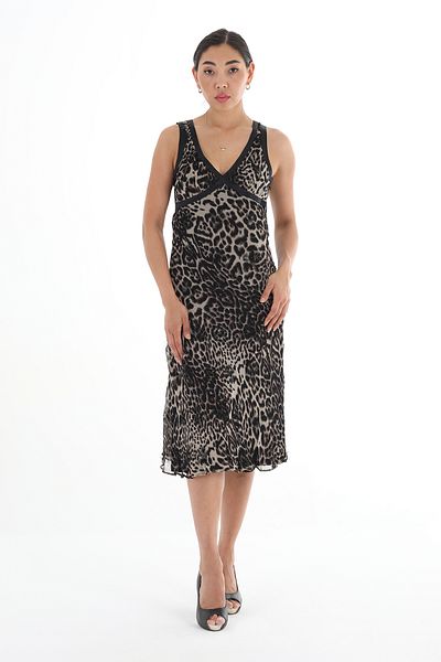 Balizza BLZ-LEOPARD PATTERNED STONE EMBROIDERED SILK DRESS WITH THICK STRAP