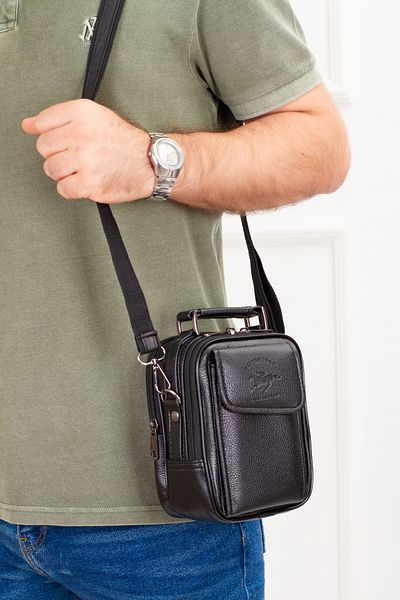 Newish Men's Phone Compartment Steel Case Hand and Shoulder Bag Black (15x18 Cm)
