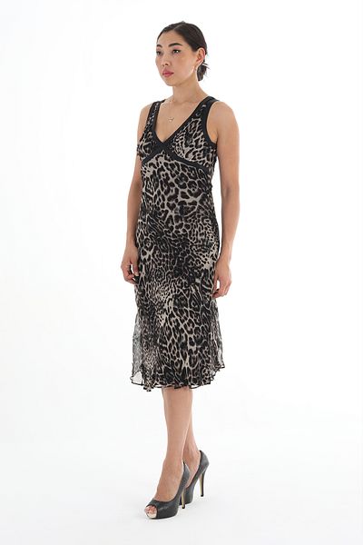 Balizza BLZ-LEOPARD PATTERNED STONE EMBROIDERED SILK DRESS WITH THICK STRAP