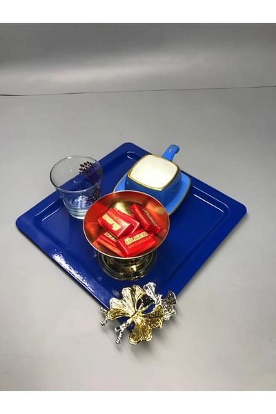 NEWTREND Züccaciye Stainless Steel Square Blue Coffee, Tea, Decorative Presentation Serving Tray with Luxury Butterfly Accessories