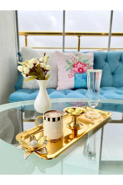 NEWTREND Züccaciye Zambak Çiçekli Lüx Paslanmaz Çelik Gold Kaplama Baton Servis , Çay ,Kahve ,İkramlık Ve Sunum Tepsisi